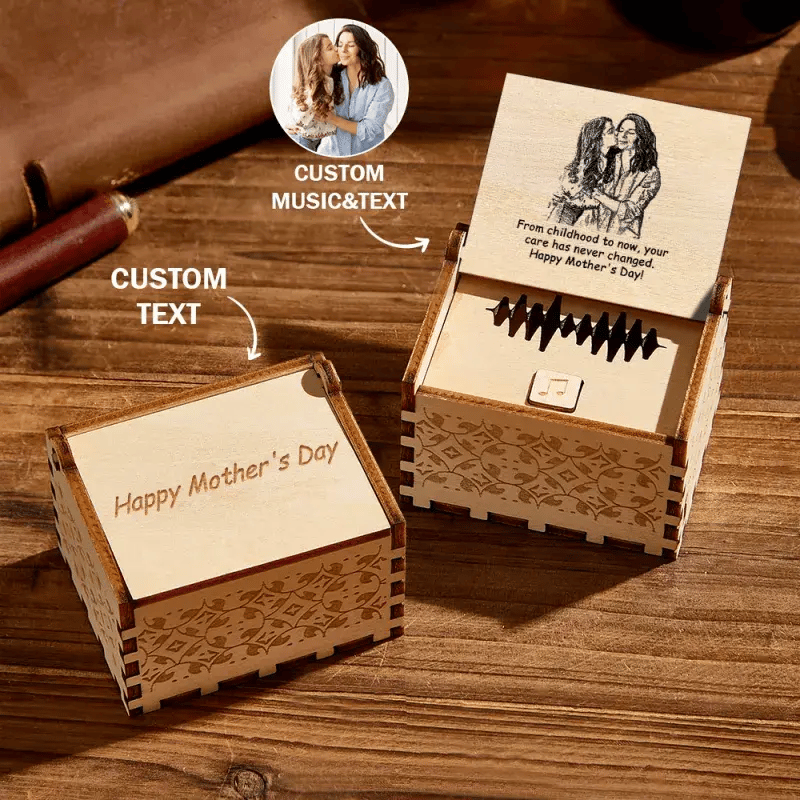 Wooden personalized music box with custom engraving and play button
